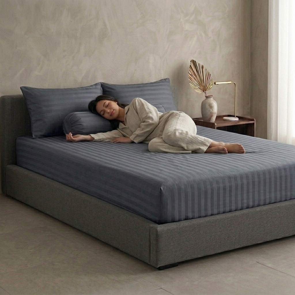 Bộ Drap Ga Gối Cotton Poly Cao Cấp Sọc Satin Sang Trọng - 3 Màu: Xám Đậm, Nâu Khaki, Xám Nhạt - Đầy Đủ Kích Thước